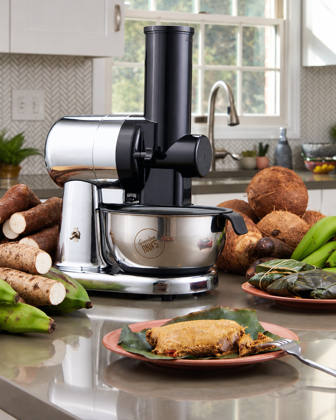 Grandma Ann's Electric Grater with tropical roots and plantains in a bright kitchen.