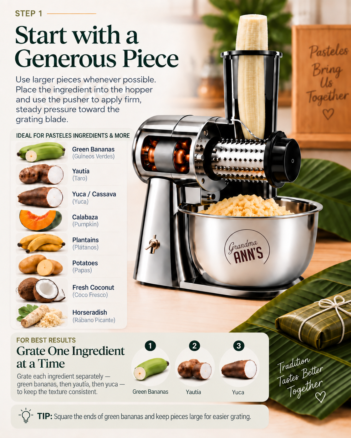 Step 1: Start with a generous piece when using Grandma Ann's Electric Grater, showing green bananas, yautía, yuca, calabaza, plantains, potatoes, coconut and horseradish.